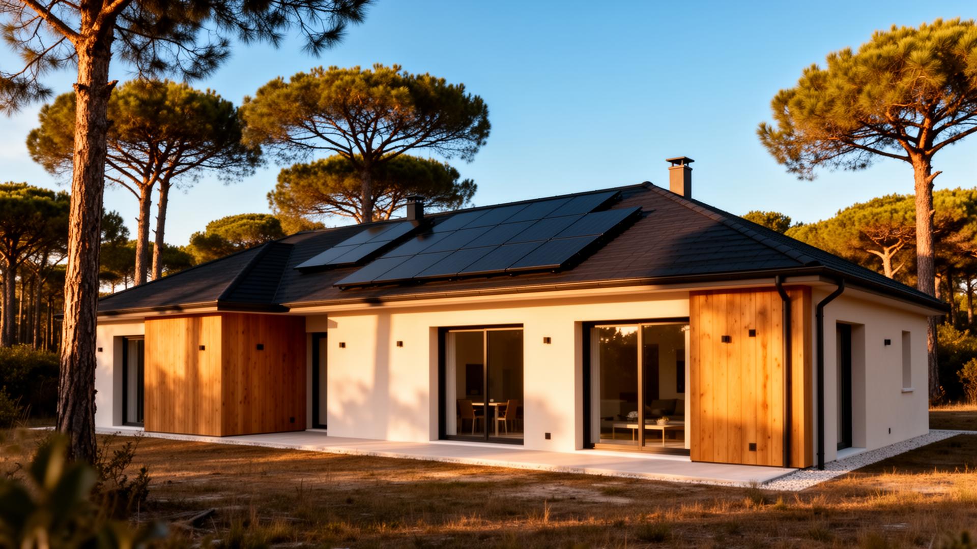Maison contemporaine landaise équipée de panneaux solaires photovoltaïques au coucher du soleil