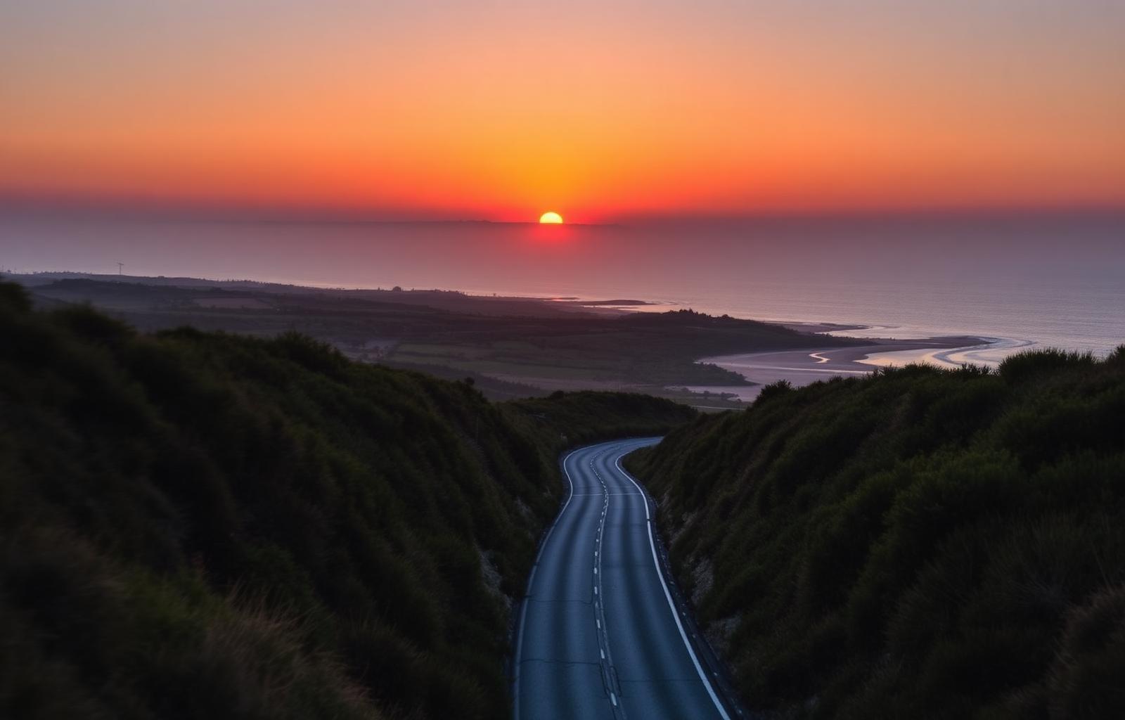 Paysage des Landes au coucher du soleil avec route et pins maritimes